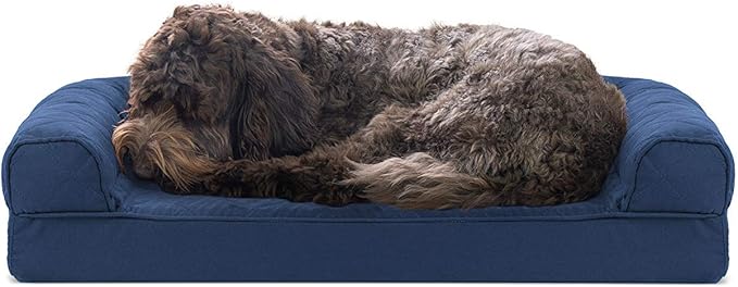 Furhaven Cooling Gel Dog Bed for Medium/Small Dogs w/ Removable Bolsters & Washable Cover, For Dogs Up to 35 lbs - Quilted Sofa - Navy (Blue), Medium-PawvioPets