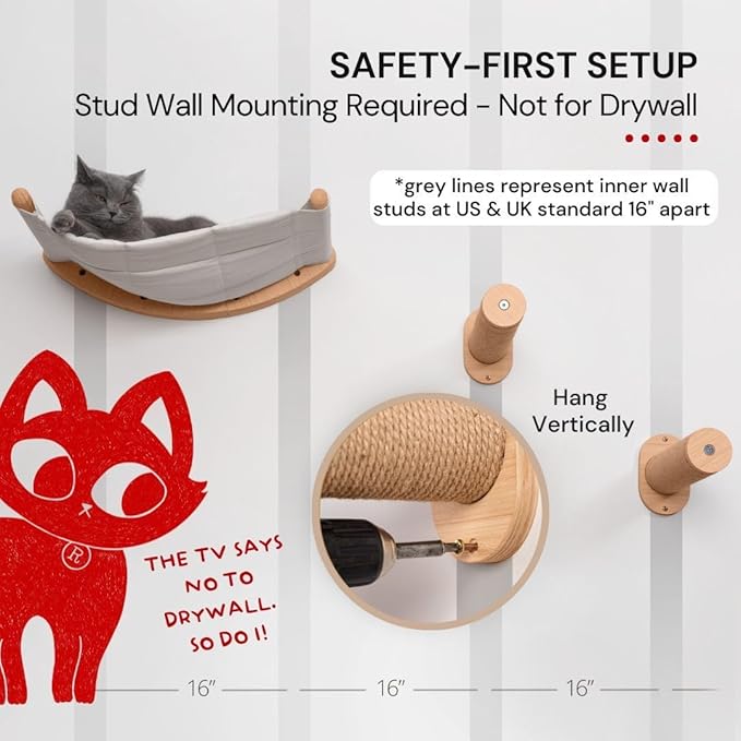 7 Ruby Road Cat Hammock Wall Mounted Shelf with Two Steps Set - Wall Shelves and Perches for Sleeping, Playing, Climbing and Lounging - Modern Cat Bed & Furniture for Indoor and Large Cats or Kitty-PawvioPets