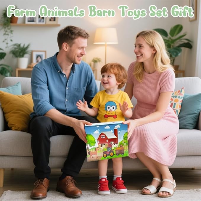 Big Musical Red Barn Toy Farm Animal Finger Puppets for 1 2 3 4 5 Years Old, Animal Figures Playset with Farm Tails Baby Book, Sensory Learning Toys Gift for Toddlers Boys Girls-PawvioPets