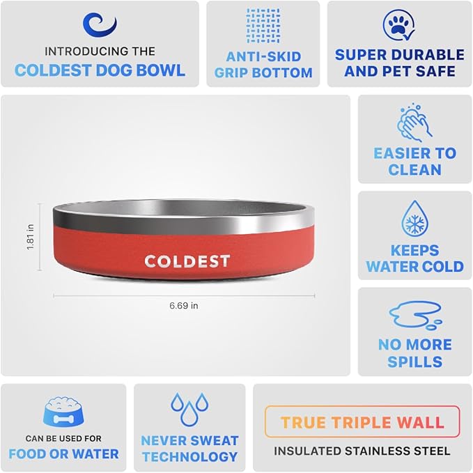 Coldest Dog Bowl - Anti Rust Metal, Non Slip, 3 Layers Insulated Stainless Steel Dog Bowls - Spill Proof & Heavy Duty - Water Bowl for Dogs, Cats & Pets, Dish Washer Safe (21 oz, Red)-PawvioPets