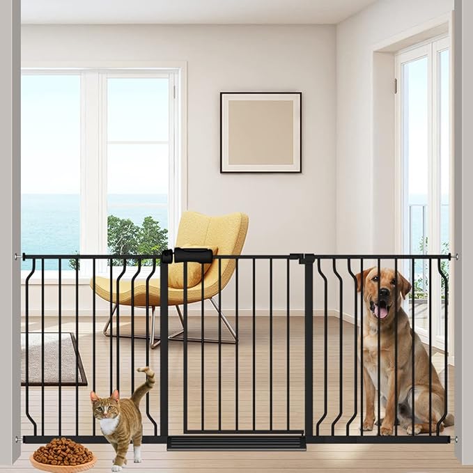 Extra Wide Baby Gate 67-71.5 Inch Wide Walk Through Pressure Mounted Auto Close Large Long Tension Gate for Dog and Cats Black-PawvioPets
