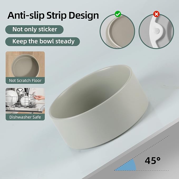 Ceramic Raised Double Bowls Set with Stand, Food & Water Bowls for Large Breed Dogs, Weighted Dog Dishes, Pet Bowl(8.2'',60OZ, Grey)-PawvioPets