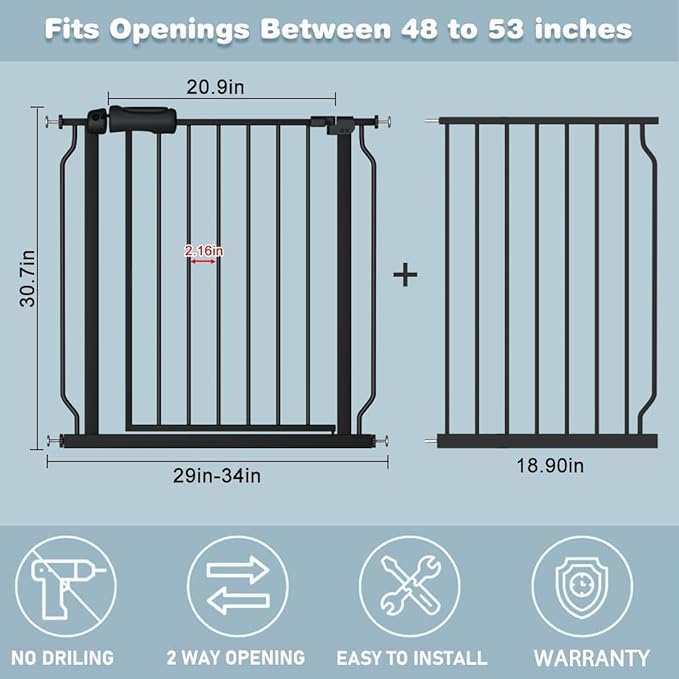 48-53 Inch Extra Wide Baby Gate for Stairs, Safety Dog Gate for Doorways, Pressure Mounted Walk Through Child Gate for Kids Pets No Drill Indoor and Outdoor, Black-PawvioPets