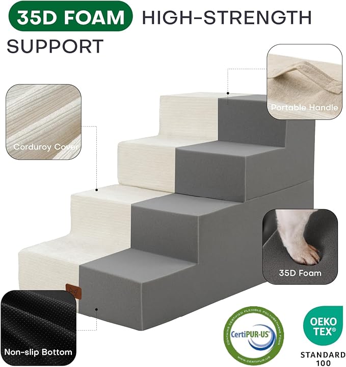 Dog Stairs for Bed, Dog Steps for Bed Couch Sofa, 35D Foam Pet Steps for Small Dogs and Cats, Extra Wide Pet Stairs with Non-Slip Bottom Beige, 3 Steps-PawvioPets