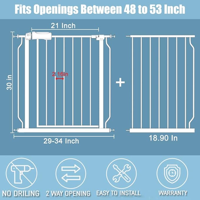 Extra Wide Baby Gates 48-53 Inch Child Dog Pet Gate Indoor Adjustable Safety Child Gates for House Doorway Stairs Banister Walk Through Doggie White-PawvioPets