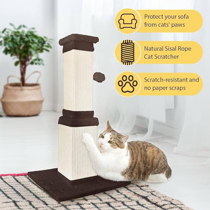 AGYM Cat Scratching Post, 32 Inch Cat Scratch Post for Cats and Kittens, Protect Your Furniture and Exercise Cats, Nature Sisal Modern Cat Scratcher for Indoor Cats, Brown-PawvioPets