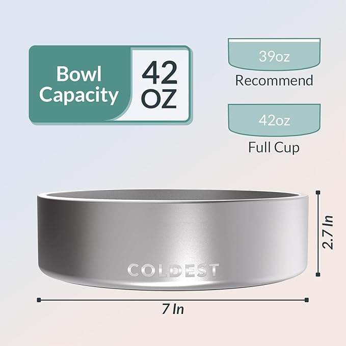 Coldest Dog Bowl - Anti Rust Metal, Non Slip, 3 Layers Insulated Stainless Steel Dog Bowls - Spill Proof & Heavy Duty - Water Bowl for Dogs, Cats, Dish Washer Safe (42 oz, Polished Stainless Steel)-PawvioPets