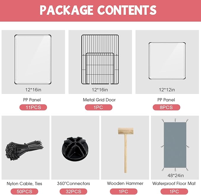 20 Panels Small Animals Playpen, 48" x 24" x 16" Transparent Pet Playpen with Waterproof Mat,Portable Plastic Enclosure Cage for Chicken/Guinea Pigs/Bunny/Ferrets/Hamsters/Hedgehogs Indoors Outdoor-PawvioPets