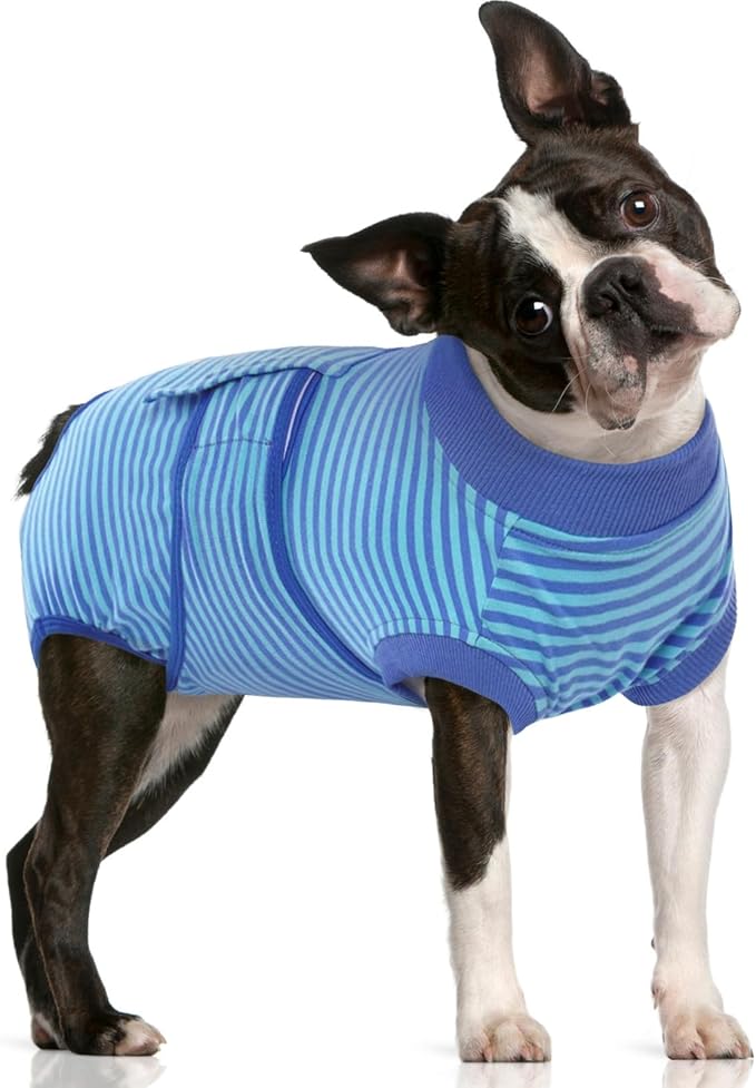 FUAMEY Recovery Suit for Dogs After Surgery,Soft Breathable Dog Bodysuit E-Collar & Cone Alternative Surgical Suit,Male Female Dog Neuter Spay Suits Anti Licking Wounds Onesie Navy Blue Strips M-PawvioPets