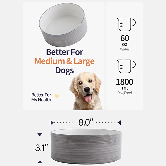 Dog Bowl Ceramic for Medium Large Breeds, Heavy Weighted Dog Food Water Feeder Dish, Non - Slip Modern Cute Extra Big Porcelain 8 in Pet Dog Bowl Maze Grey White-PawvioPets