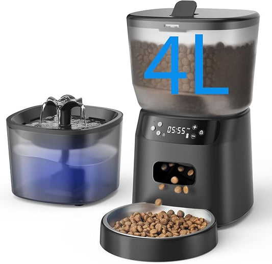 Automatic Cat Feeder and Water Fountain, 4L/16 Cups Timed Cat Dry Food Dispenser, 10s Meal Call, 20 Portions 6 Meals Per Day, 2L Cats Fountains for Drinking with Filter, Pet Feeder for Dog Black-PawvioPets