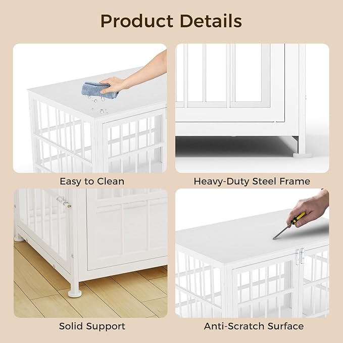 32 Inch Heavy Duty Wooden Dog Kennel End Table with Double Door Design and Secure Locks, Indoor Pet Crate Furniture for Medium Dogs, Decorative Home Cage Design,White-PawvioPets