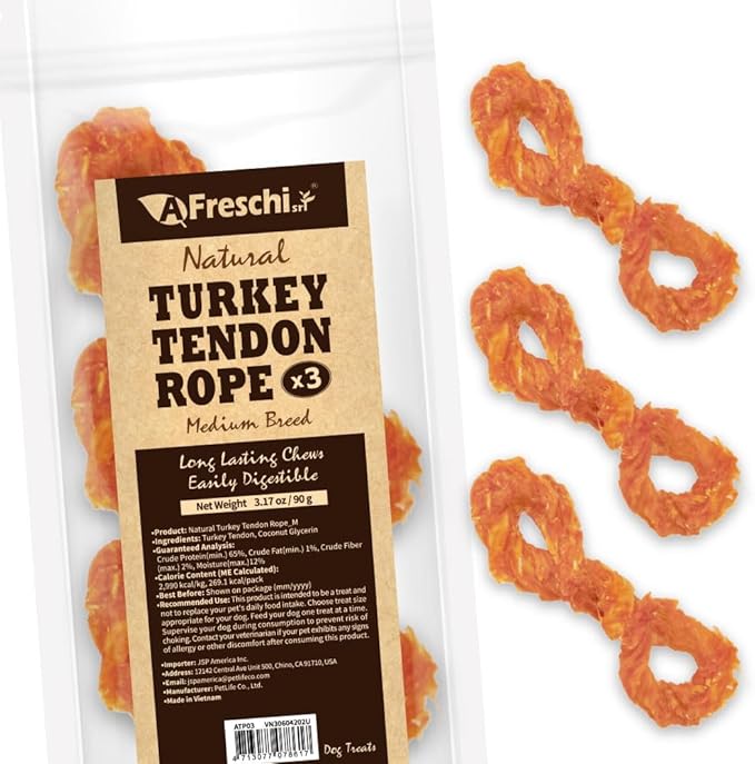 Afreschi Turkey Tendon Rope (M) 3.17 oz, USA-Sourced Turkey Tendon, All Natural Human Grade Dog Chew, Hypoallergenic, Rawhide Alternative, Dog Treats for Medium Breeds-PawvioPets