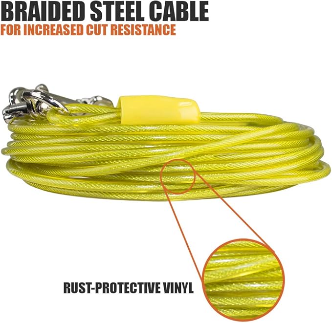 BV Dog Tie Out Cable 25 Feet - Heavy Duty Dog Lead Up to 35 Pounds - Reflective & Rust-Free with Quick Release Swivel Clips & 360° Rotating Clasp - Tangle-Free Dogs Runner for Yard (Yellow, Single)-PawvioPets