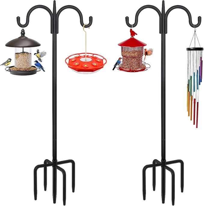 FEED GARDEN Adjustable Double Shepherds Hook for Outdoor with 5 Prong Base 76 Inch Heavy Duty Two Sided Bird Feeder Pole for Hanging Plant Baskets, Solar Light Lanterns, Wind Chimes 2 Pack-PawvioPets