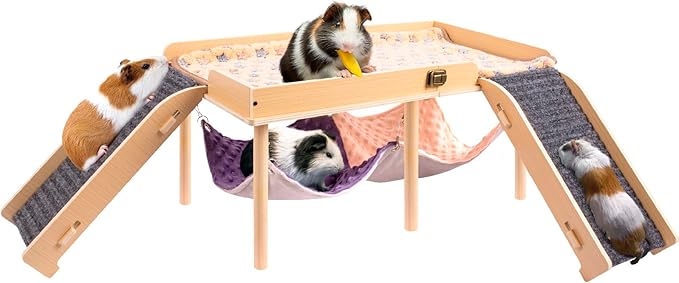 Enlarged Guinea Pig Hammock with Platform and Stairs,Wooden Foldable Piggies Hideout for Guinea Pigs Bunny Ferret Hamster Hiding Sleeping Activities 24L x 12W x 11H in（Double）-PawvioPets