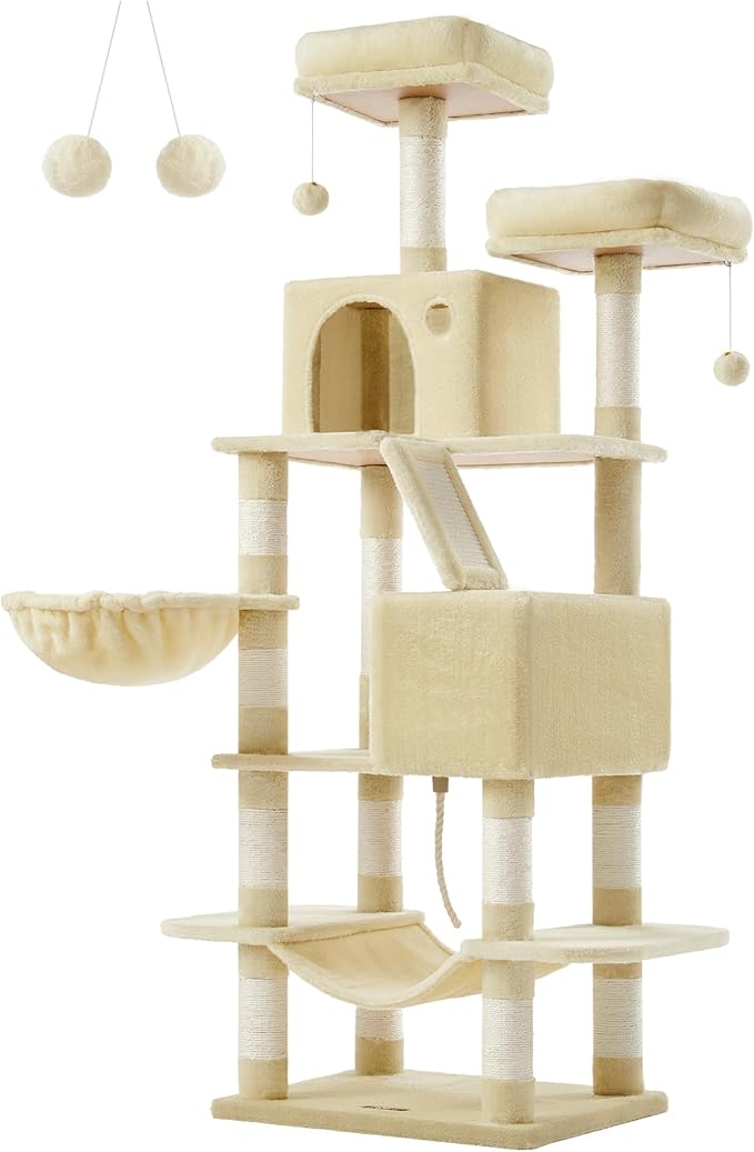 Feandrea Cat Tree, 66.1-Inch Large Cat Tower with 13 Scratching Posts, 2 Perches, 2 Caves, Basket, Hammock, Pompoms, Multi-Level Plush Cat Condo for Indoor Cats, Beige UPCT165M01-PawvioPets