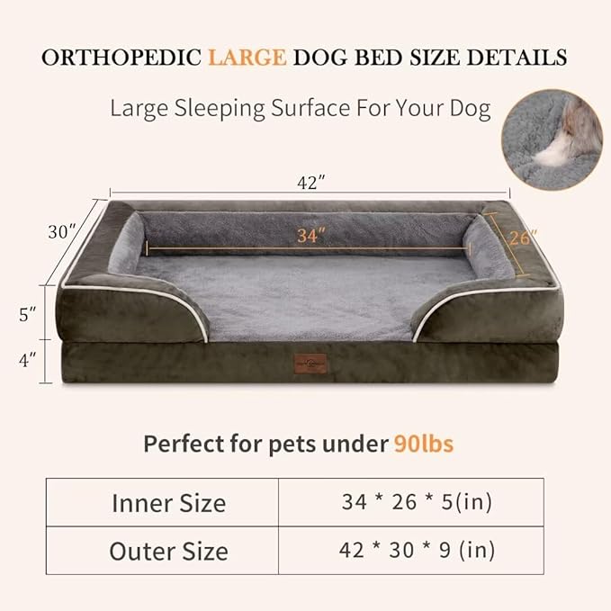 Comfort Expression Orthopedic Memory Foam Dog Beds, XL Dog Beds for Extra Large Dogs, Washable Dogs Beds with Removable Cover, Waterproof Pet Sofa Couch with Bolster(X-Large,Olive Green)-PawvioPets
