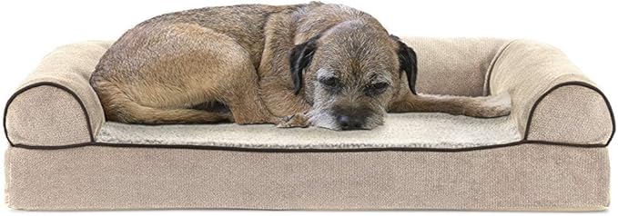 Furhaven Cooling Gel Dog Bed for Medium/Small Dogs w/ Removable Bolsters & Washable Cover, For Dogs Up to 35 lbs - Sherpa & Chenille Sofa - Cream, Medium-PawvioPets