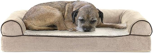 Furhaven Cooling Gel Dog Bed for Medium/Small Dogs w/ Removable Bolsters & Washable Cover, For Dogs Up to 35 lbs - Sherpa & Chenille Sofa - Cream, Medium-PawvioPets