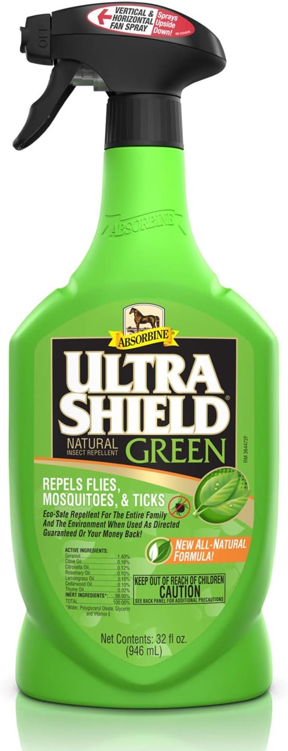 Absorbine UltraShield Green All-Natural Fly & Insect Repellent for Horses & Dogs, Essential Oils Repel & Control, 32oz Spray Bottle-PawvioPets