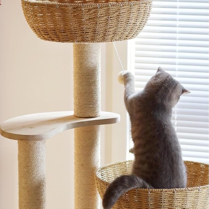 54" Large Modern Cat Trees, Luxury Rattan Oak Solid Wood Cat Trees Towers，3 Weaving Cat Nests & Washable Cool Cushions, Sisal Scratching Posts,Cat Condo for Indoor Cats- Wood Wax Oil Version-PawvioPets