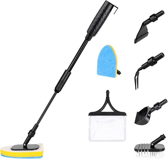 AQQA Aquarium Cleaning Tools Multifunctional 6-in-1 Fish Tank Cleaning Kits with Telesopic Handle Alage Scraper Sponge Scrubber Stiff Brush Plant Fork Gravel Rake Fish Net-PawvioPets