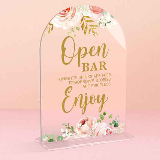 Acrylic Wedding Signs, Bridal Shower Decorations, Open Bar Signs for Reception, Modern Calligraphy Arch Acrylic Table Top Sign for Wedding Reception and Engagement Parties (Clear Pink Flowers)