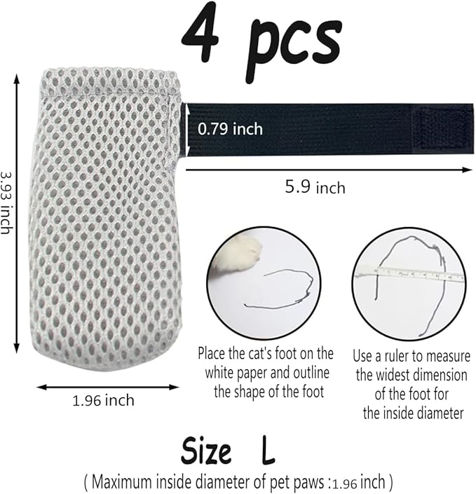 4 PCS Cat Mittens to Prevent Scratching,Mesh Breathable Cat Shoes,Adjustable Cats Anti Scratch Gloves,Suitable for Cats When Bathing and Nail Trimming (Grey, L)-PawvioPets