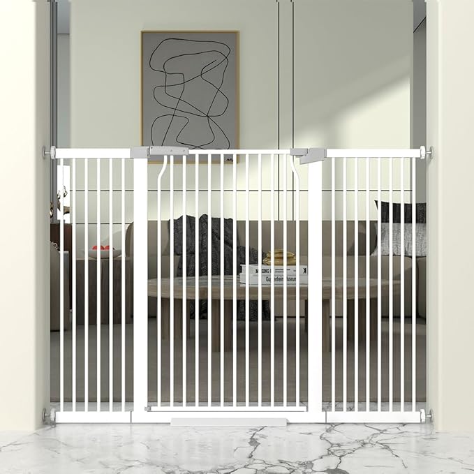 41" Extra Tall Cat Gate for Doorway, 54.8-57.4'' Metal Pet Baby Safe Gate, Extra Wide Pressure Mounted Child Door with Expansion Kit, No Drilling Cat Fence Indoor, No Climb Baby Proof Gate, White-PawvioPets