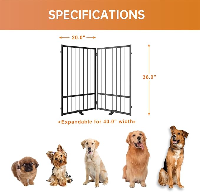 Full Metal Freestanding Dog Gate with Door, 36''Height Foldable Pet Dog Fence for Indoor & Outdoor, 2 Panels Extra Wide Free Standing TallDog Gates for Doorways,House,Stairs,Porch,Deck,Yard-PawvioPets