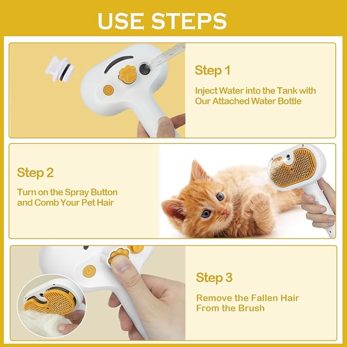 3-1 Cat Steam Brush for Shedding, Steamy Grooming Brush for Long & Short Hair Cats & Dogs, Self-Cleaning Pet Hair Removal Comb with Water Tank Dog-PawvioPets