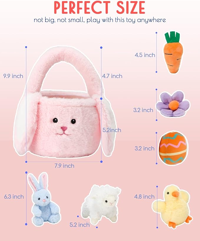 7 Piece Plush Stuffed Animals Playset Toys with Rabbit, Chick, Lamb, Carrot, Egg, Flower, Furry Bag, Soft Basket Set Toys for Girls Kids Ages 3+, Birthday Christmas Valentines Easter Party Favors-PawvioPets