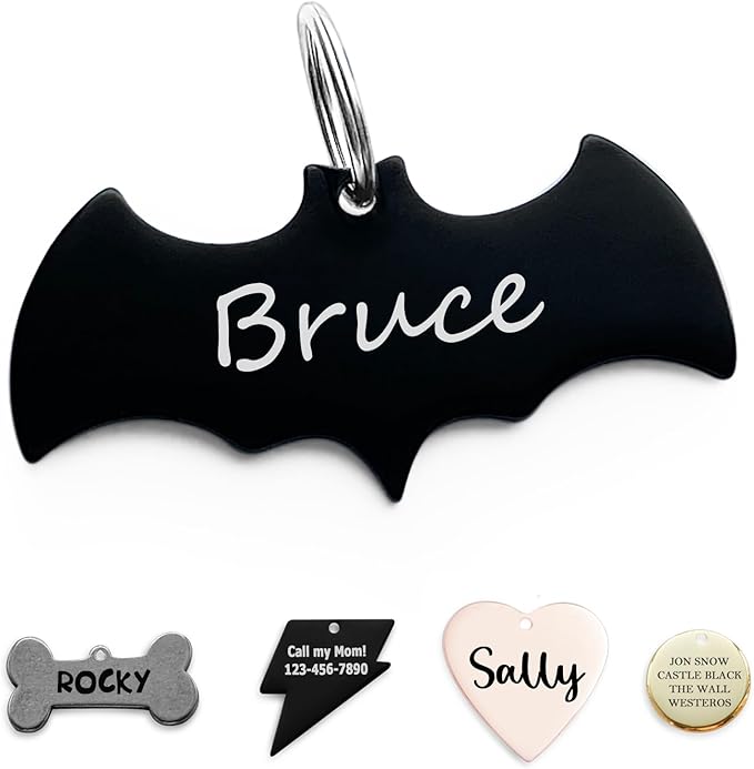 316 Surgical Grade Stainless Steel Personalized Dog & Cat ID Tags - Made with Three Thousand Love for Our Fur-Baby - Original Funny Shapes Bat, Engraved Name or Text for Pet Collar Accessories-PawvioPets