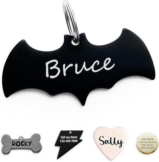 316 Surgical Grade Stainless Steel Personalized Dog & Cat ID Tags - Made with Three Thousand Love for Our Fur-Baby - Original Funny Shapes Bat, Engraved Name or Text for Pet Collar Accessories-PawvioPets