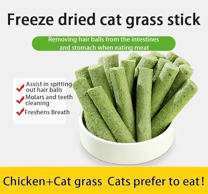 Cat Grass Teething Sticks for Hairball Removal & Teeth Cleaning, Chicken Flavored, Natural Dental Treats for Indoor Cats-PawvioPets