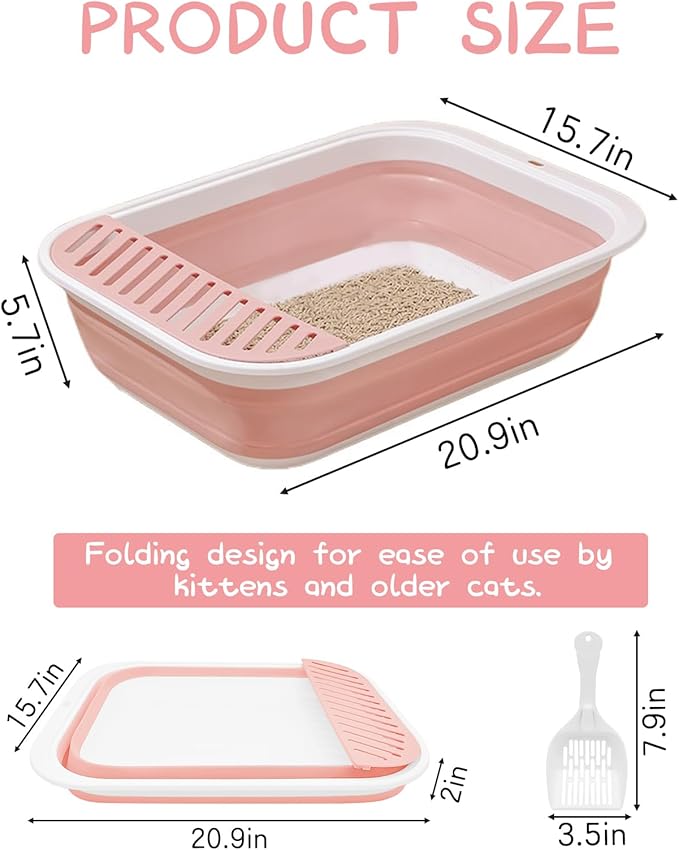 BNOSDM Senior Cat Litter Box Low Entry Kittens Travel Litter Box with Scoop Open Collapsible Shallow Cats Potty Pan Foldable Pet Toilet for Sick Disabled Older Elderly Cats Pink-PawvioPets