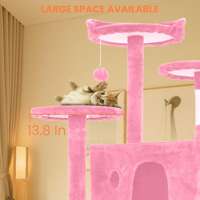 54.7 inches Cat Tower for Indoor Cats, Multi-Level Cat Condos with Scratching Posts, Hanging Toys, Pink-PawvioPets