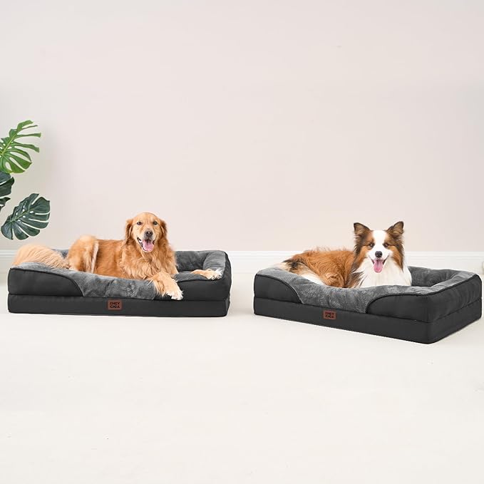 EHEYCIGA Memory Foam XXL Dog Bed for XLarge Sized, Orthopedic Dog Sofa with Sides and Waterproof Liner, Washable Bolster Pet Couch with Removable Cover, 52x41x8 Inch, Grey/Black-PawvioPets