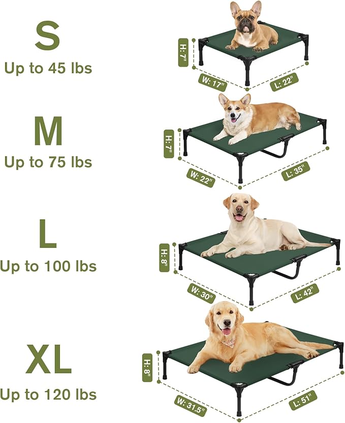 Elevated Dog Bed 42 Inch - Breathable Raised Pet Bed for Large Dogs, Waterproof Dog Cot Bed Easy to Assemble, Durable Portable Pet Cot with Non-Slip Feet, Green-PawvioPets