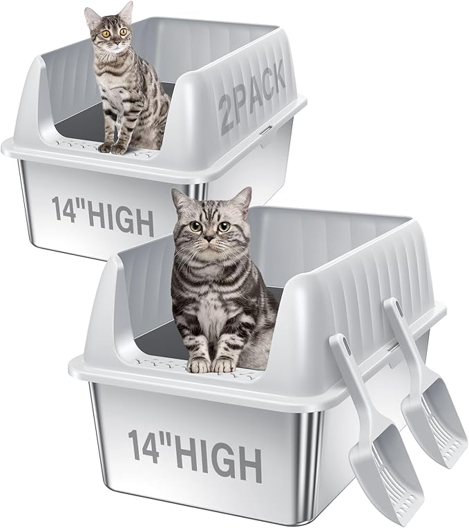 Cat Litter Box Stainless Steel XL with Lid, Enclosed Metal Extra Large Litter Box Pan High Sided with Scoop for Big Cats, Non-Sticky, Anti-Urine Leakage, Easy Cleaning-PawvioPets