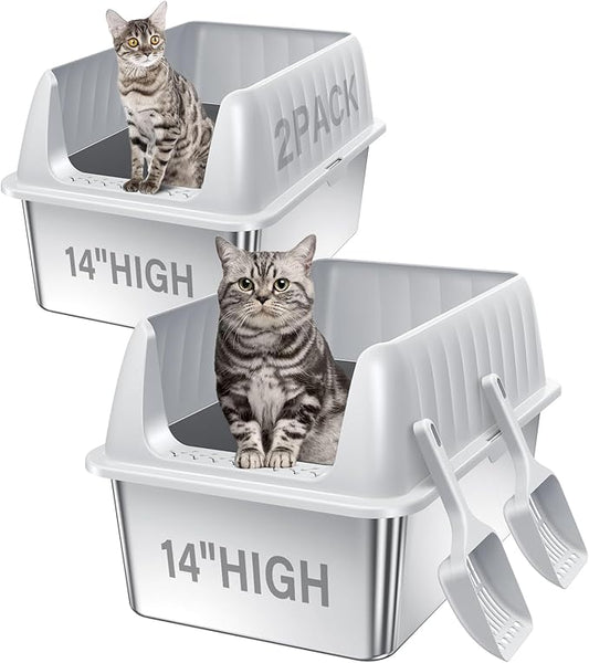 Cat Litter Box Stainless Steel XL with Lid, Enclosed Metal Extra Large Litter Box Pan High Sided with Scoop for Big Cats, Non-Sticky, Anti-Urine Leakage, Easy Cleaning-PawvioPets