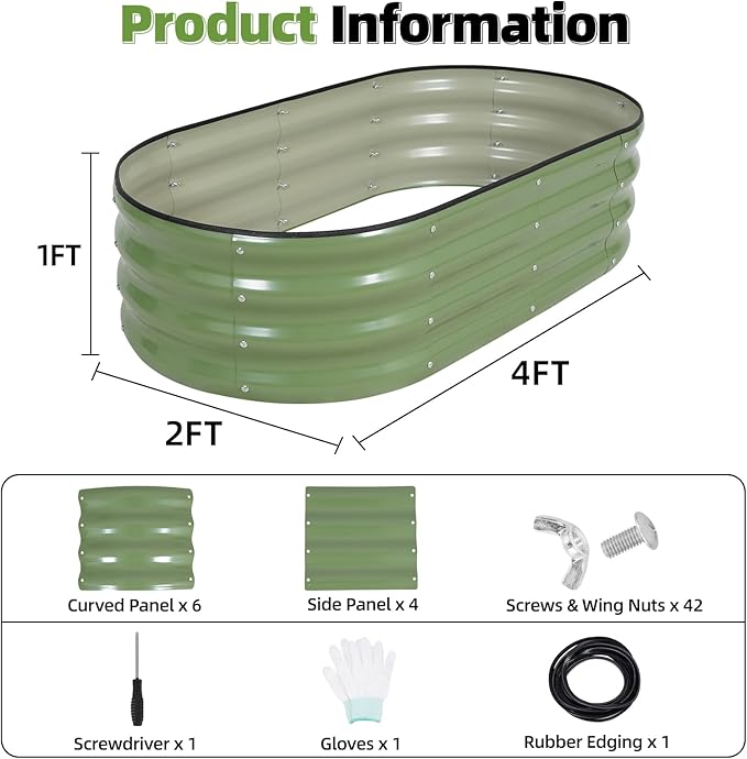 G GOOD GAIN Galvanized Metal Raised Garden Bed Kit - 4x2x1FT Outdoor Planter Box with Safety Edging and Gloves for Vegetables, Fruits, Flowers(Oliver Green, 2PC)-PawvioPets