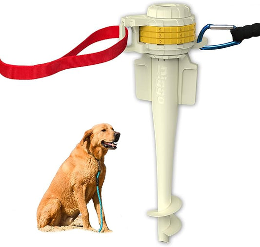 Diggo Dog Stake Beach Anchor - Dog Beach Essentials for All Dog Sizes - Unique 360° Head Rotating Combination Beach Lock System, Heavy Duty Tie Out Stake, Umbrella Sand Anchor, Designed for The Beach-PawvioPets