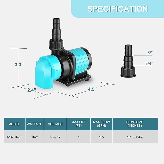 400GPH Aquarium Return pump with LCD display controller, 15W DC 24V aquarium pump for saltwater freshwater aquarium,fish tank,sump,20 speeds ECO Quiet Submersible and inline pump-PawvioPets