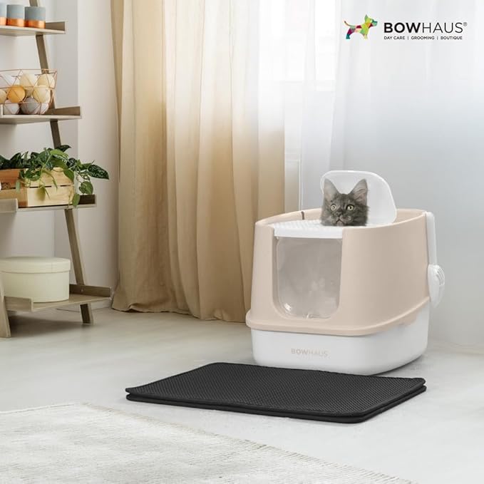 Fully Enclosed Cat Litter Box w/Lid, Scoop, Litter Mat & Odor Fitter, Large Plastic Cat Toilet with Double Door, Anti-Splashing Gato Litter Box with Lockable Front Door, Beige/Pink-PawvioPets