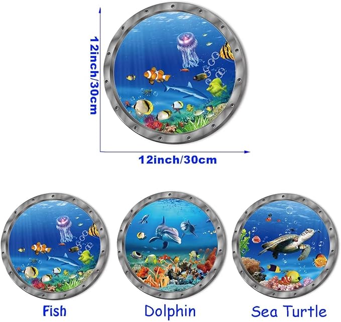 9PCS Ocean Animals World Under Sea Decor Sea Turtles Dolphins Fishes Sharks Coral Removable 3D Peel and Stick Vinyl Stickers-PawvioPets