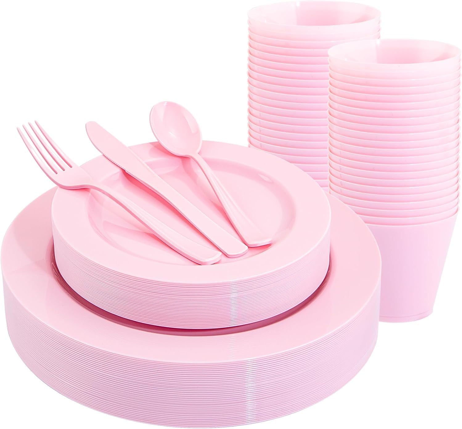 KIRE 150 Pieces Pink Plastic Plates Disposable - Pink Dinnerware Set Include 25 Dinner & 25 Salad Plates 25Forks 25Knives 25Spoons 25 Cups for Baby Shower/Bridal Shower