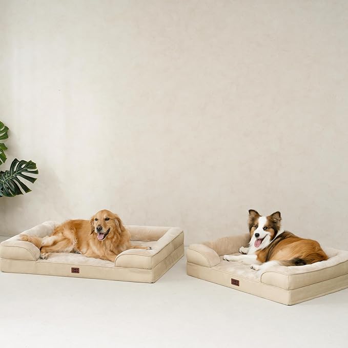 EHEYCIGA Orthopedic Dog Beds for Extra Large Dogs, Waterproof Memory Foam XXL Dog Bed with Sides, Non-Slip Bottom and Egg-Crate Foam Big Pet Couch Bed with Washable Removable Cover, Greige-PawvioPets