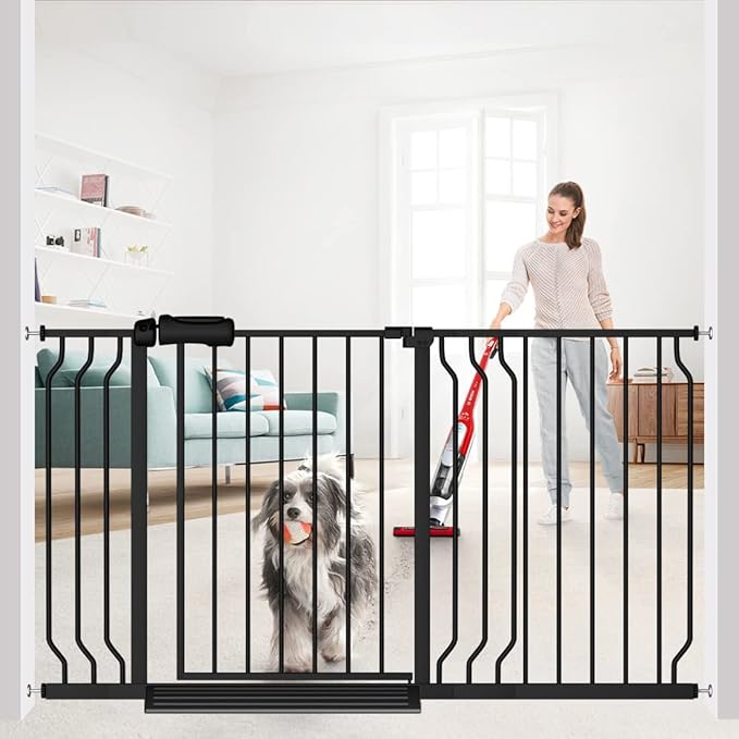 Extra Wide Baby Gate Black 53-57.5 Inch Wide Walk Through Pressure Mounted No Drill Long and Large Tension Metal Gate for Dog and Toddler-PawvioPets
